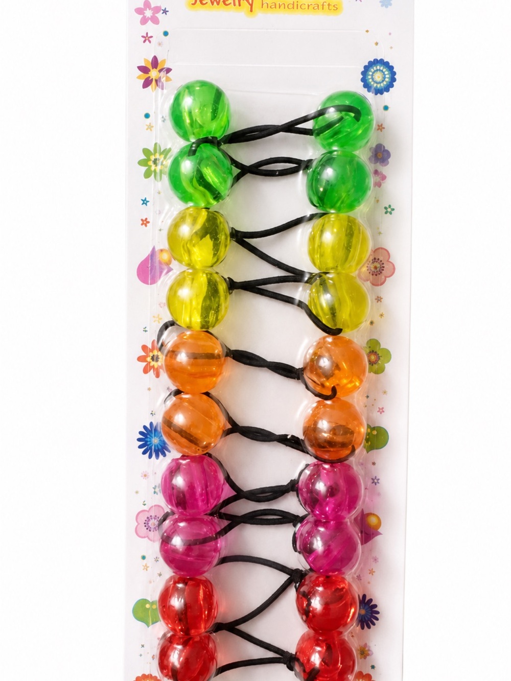 Kids Beaded Hair Ties Pack — Bright Green, Yellow, Orange, Pink, Red